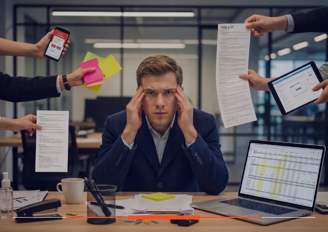 Overwhelmed founder buried in tasks